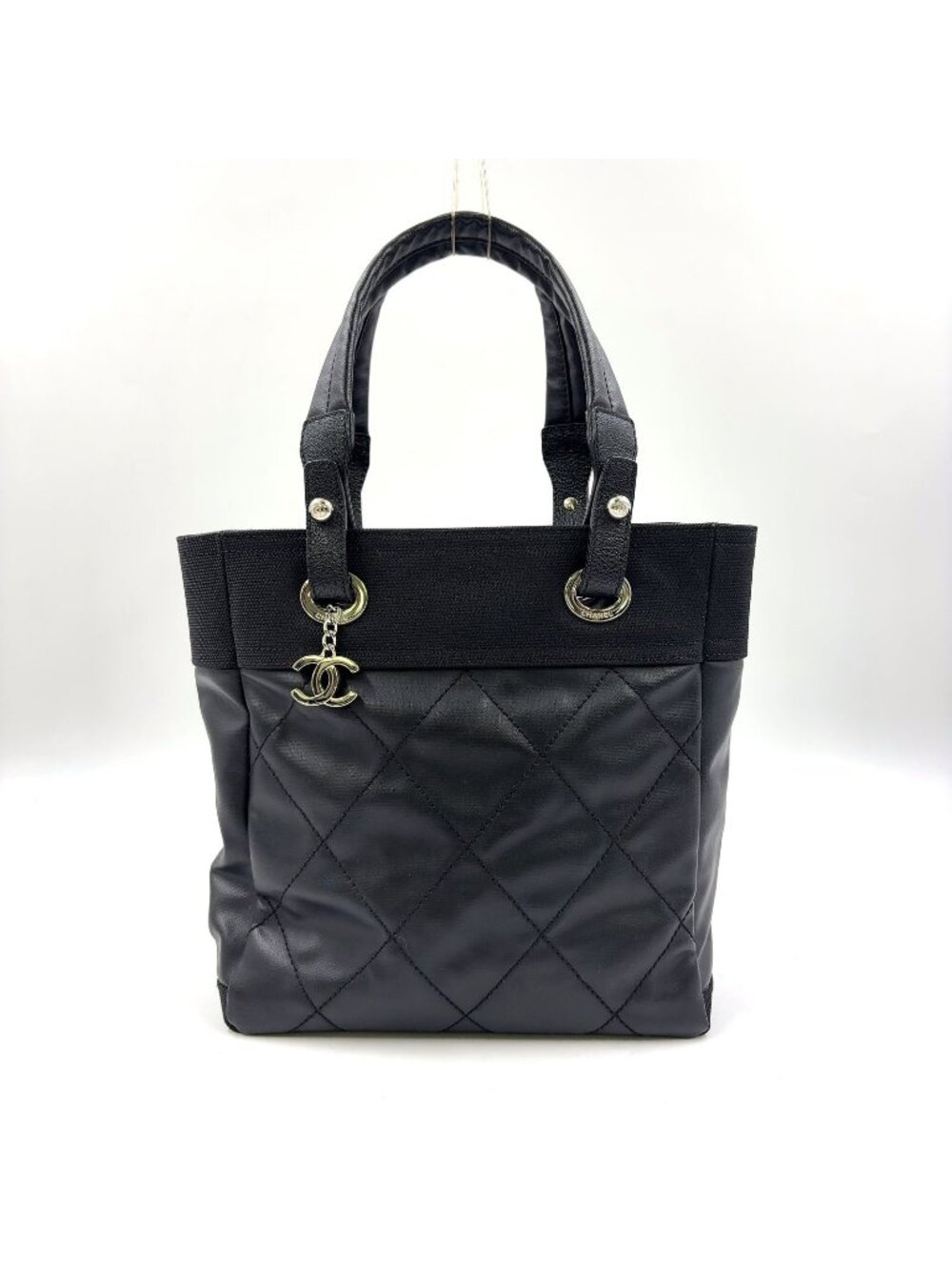 Chanel Paris Biarritz PM Leather Canvas Tote Bag Silver